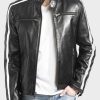 Men's Snap Tab Collar Motorcycle Style Jacket with Striped Sleeves - MARA Leather