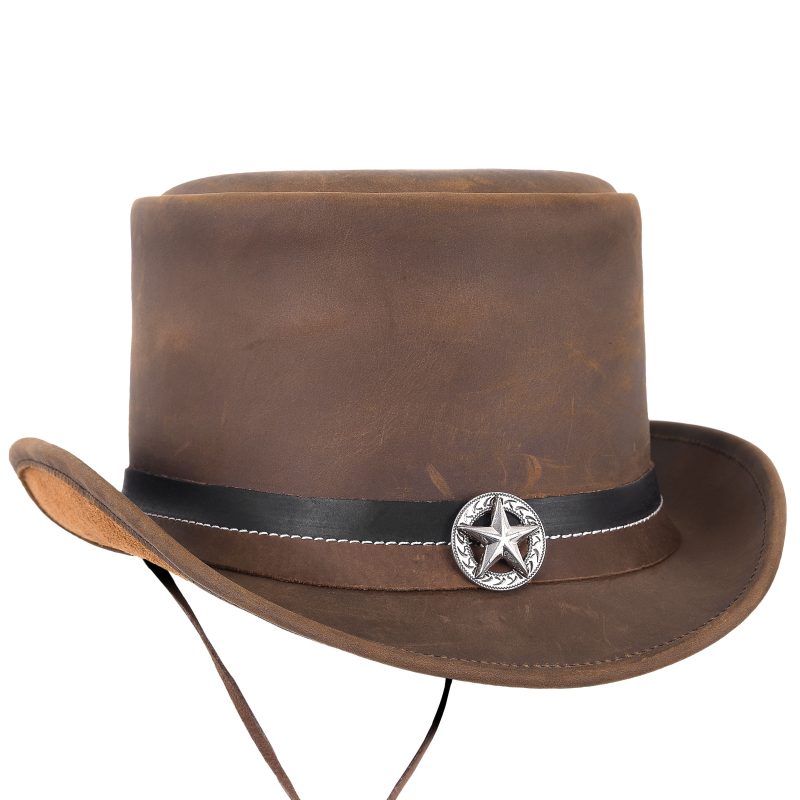 Vintage Style 100% Genuine Leather Brown Top Hat with Decorative Star Hatband - MARA Leather