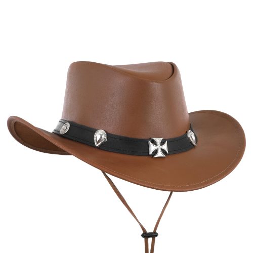 Brown Genuine Leather Western Cowboy Hat with Decorative Band - MARA Leather