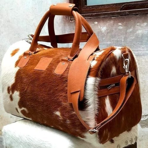 Natural Brown and White Cowhide Print Genuine Leather Duffel Bag - MARA Leather