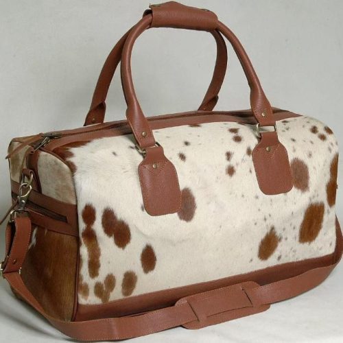 Natural Brown and White Cowhide Print Genuine Leather Duffel Bag - MARA Leather