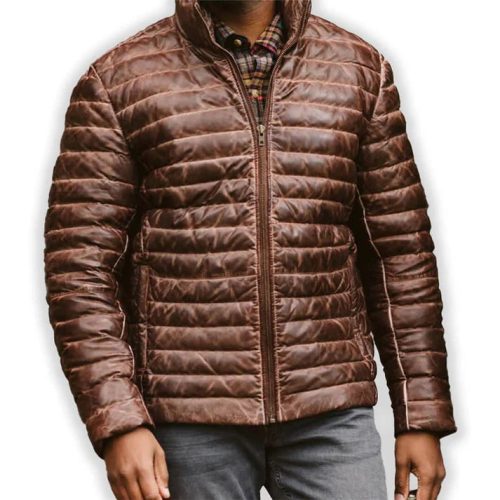 kayden brown leather puffer jacket men front 2 view