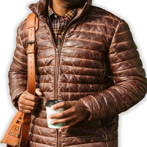 kayden brown leather puffer jacket men front 3 view