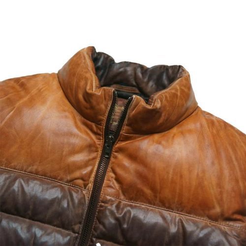 kia dual color puffer lambskin leather down jacket men close view