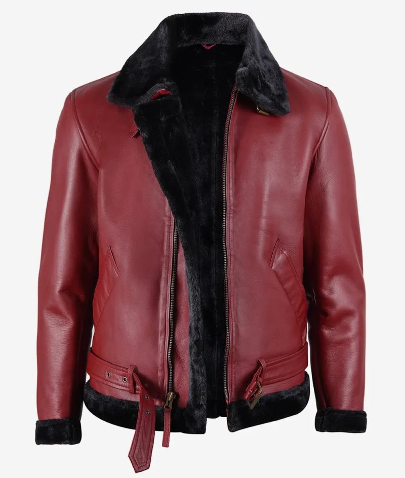 mens maroon leather shearling jacket 62888 zoom